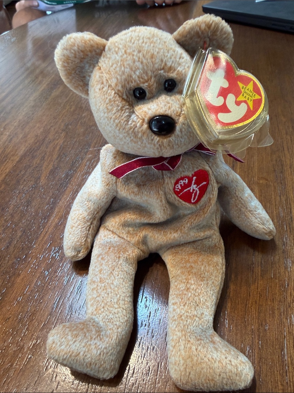 Ty Plush Teddy Bear in Tan with Red Heart Patch and Bow